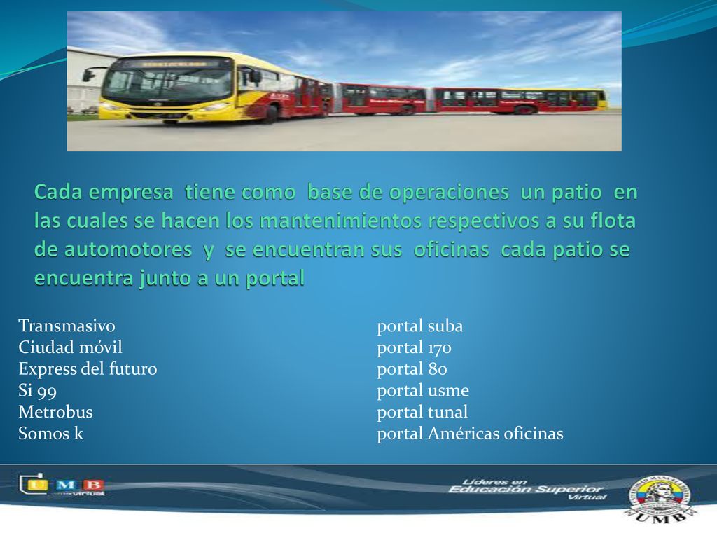Cada empresa tiene como base de operaciones un patio en las cuales se hacen los mantenimientos respectivos a su flota de automotores y se encuentran sus oficinas cada patio se encuentra junto a un portal