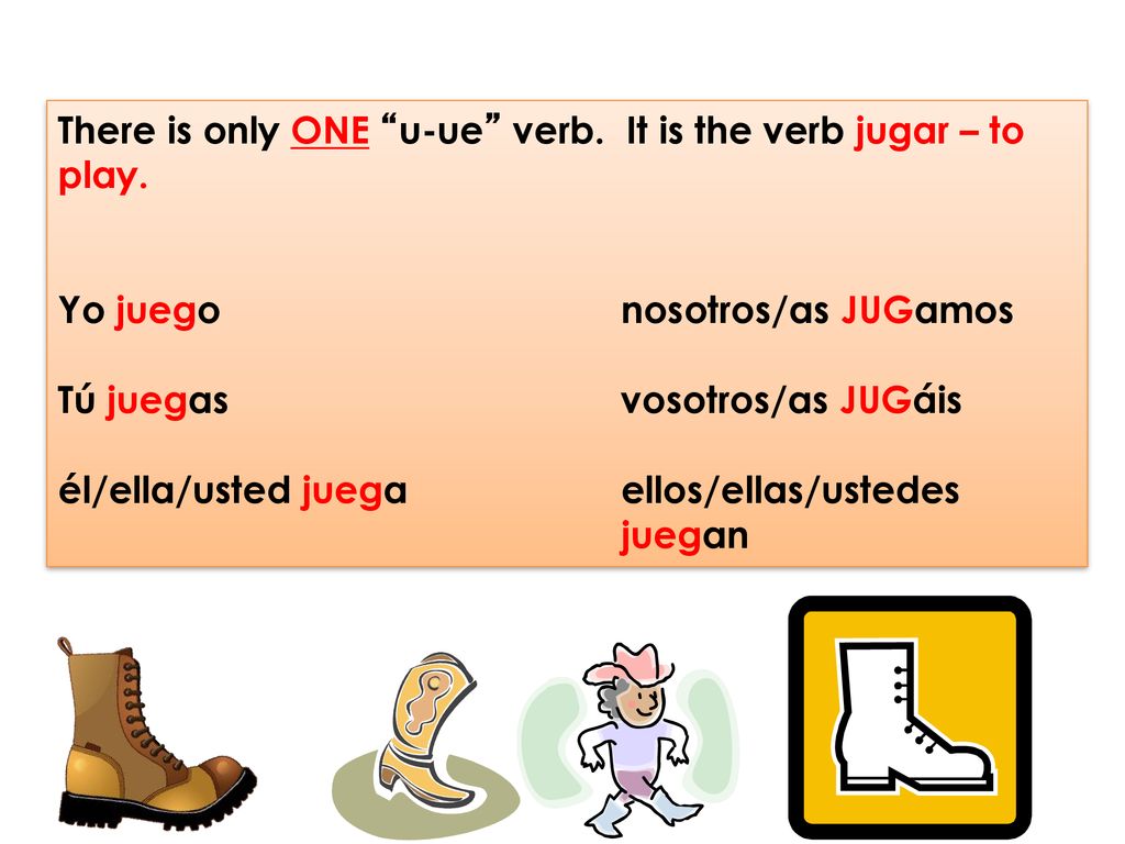 There is only ONE u-ue verb. It is the verb jugar – to play.