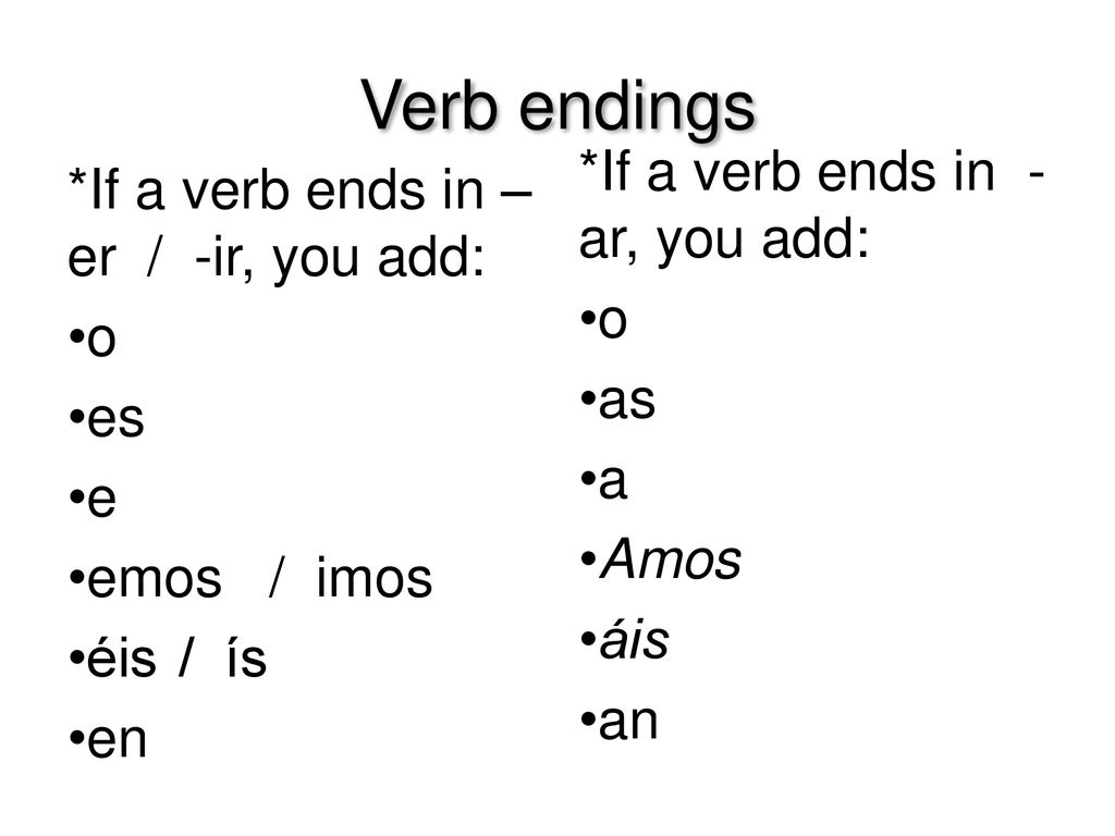 Verb endings *If a verb ends in -ar, you add: