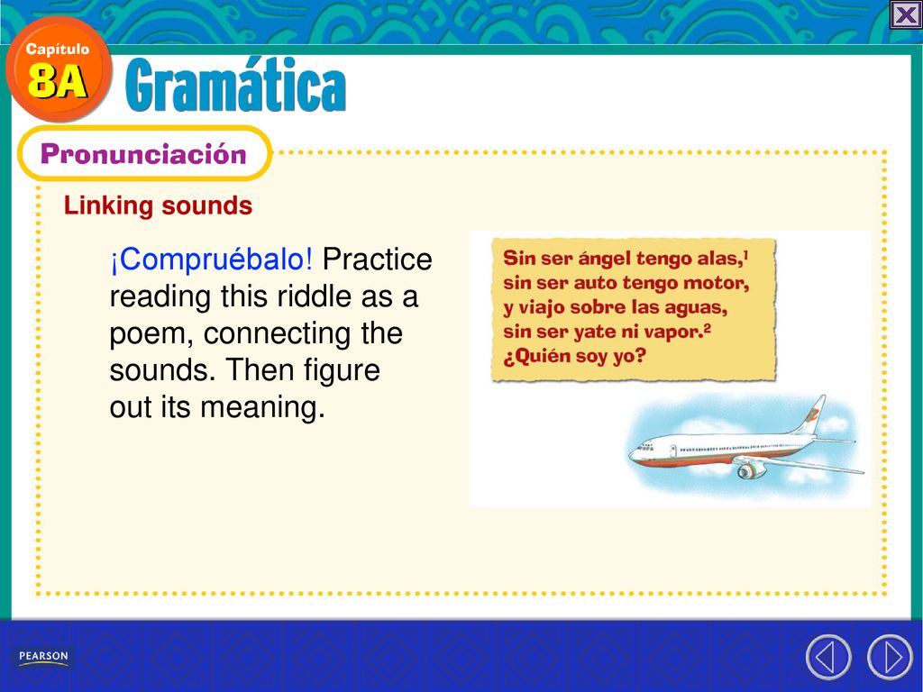 Linking sounds ¡Compruébalo. Practice reading this riddle as a poem, connecting the sounds.