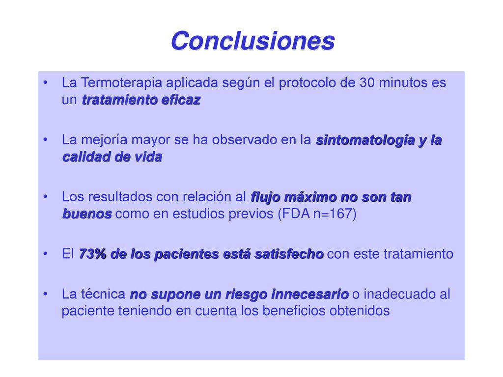 Conclusiones La Termoterapia aplicada según el protocolo de 30 minutos es un tratamiento eficaz.