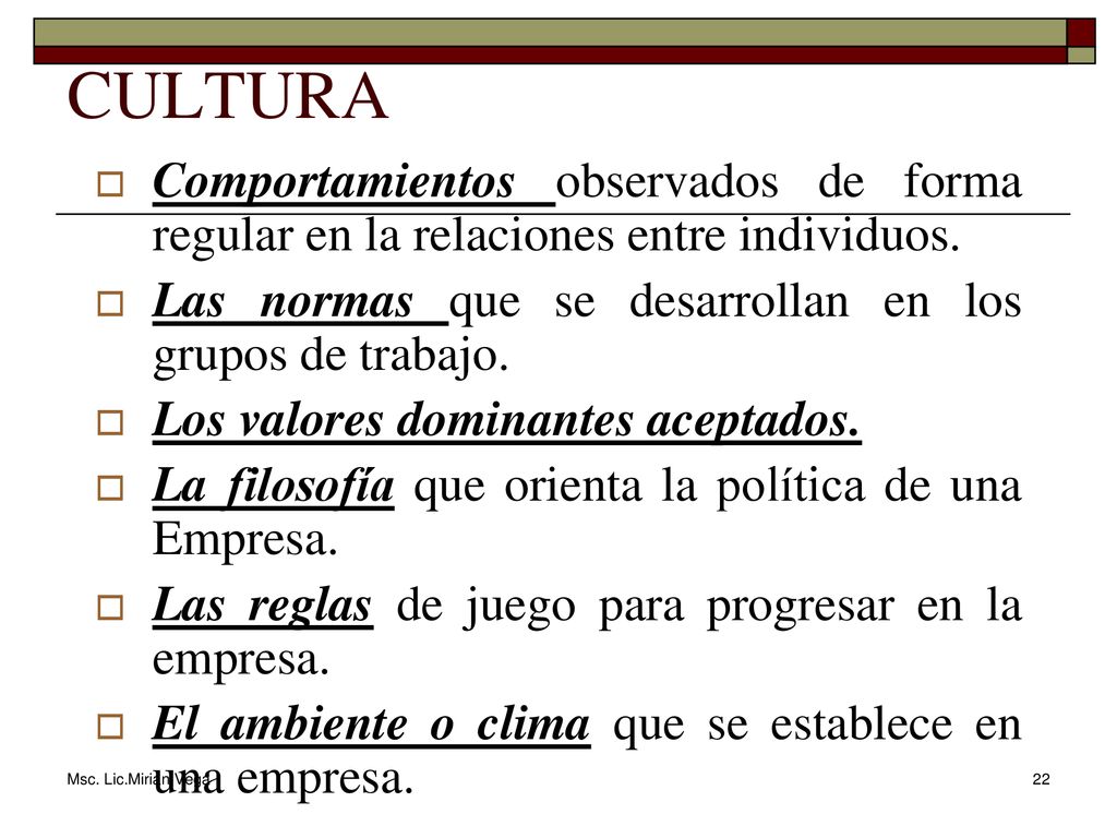 CULTURA Comportamientos observados de forma regular en la relaciones entre individuos. Las normas que se desarrollan en los grupos de trabajo.