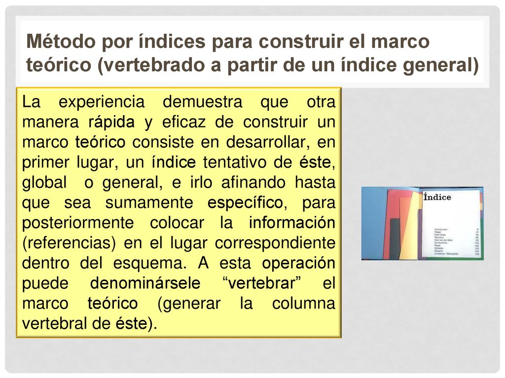 Método por índices para construir el marco teórico (vertebrado a partir de un índice general)