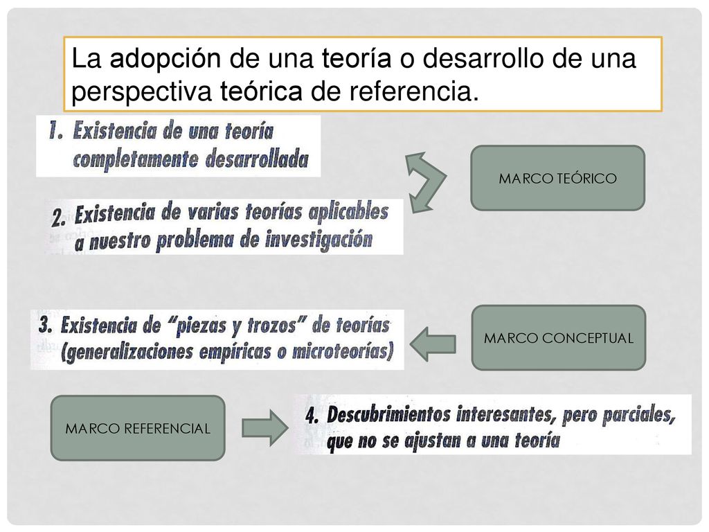 La adopción de una teoría o desarrollo de una perspectiva teórica de referencia.