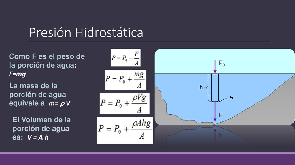 Presión Hidrostática Como F es el peso de la porción de agua: F=mg
