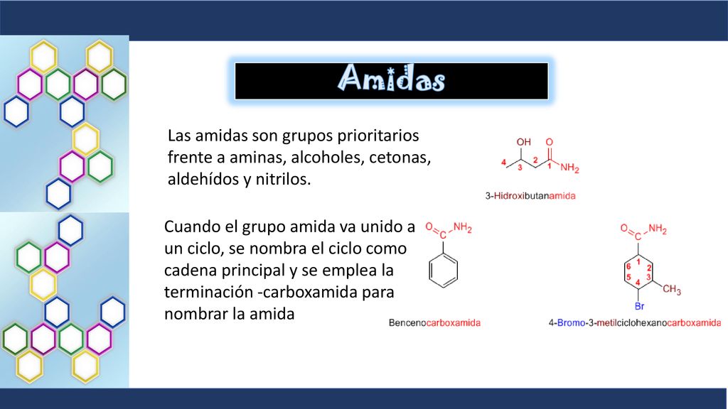 Amidas Las amidas son grupos prioritarios frente a aminas, alcoholes, cetonas, aldehídos y nitrilos.