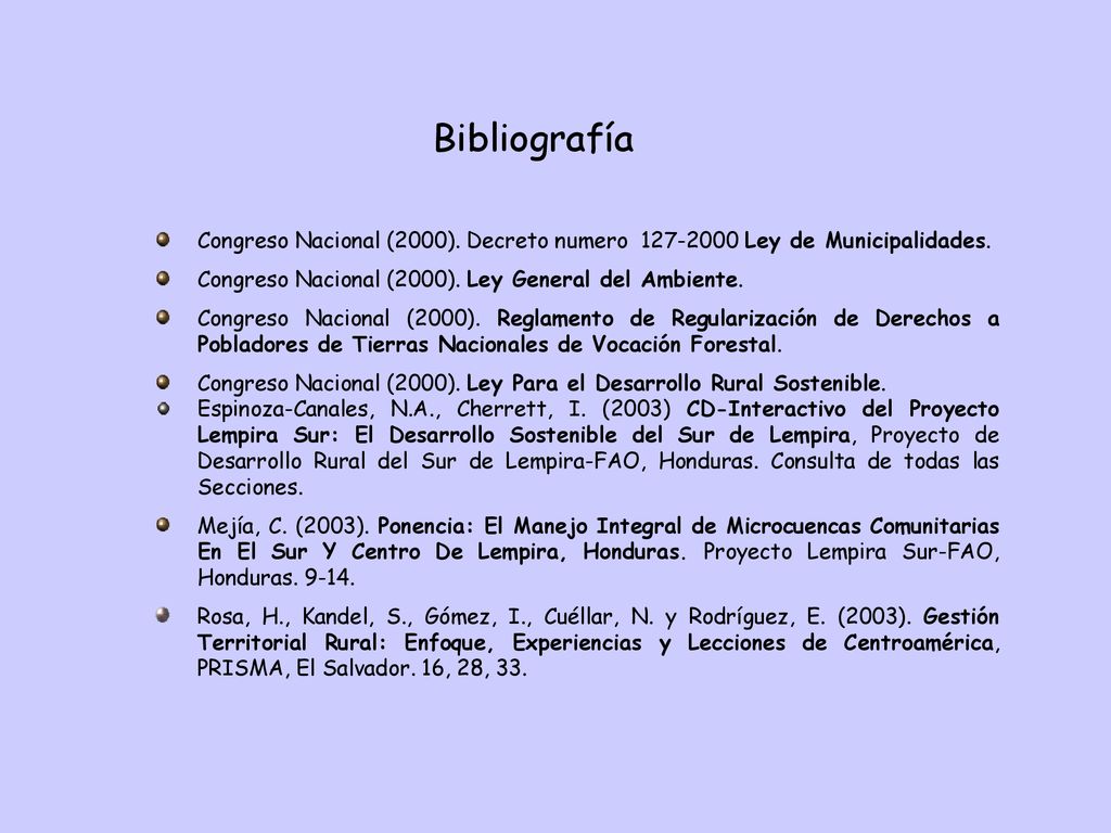 Bibliografía Congreso Nacional (2000). Decreto numero Ley de Municipalidades. Congreso Nacional (2000). Ley General del Ambiente.