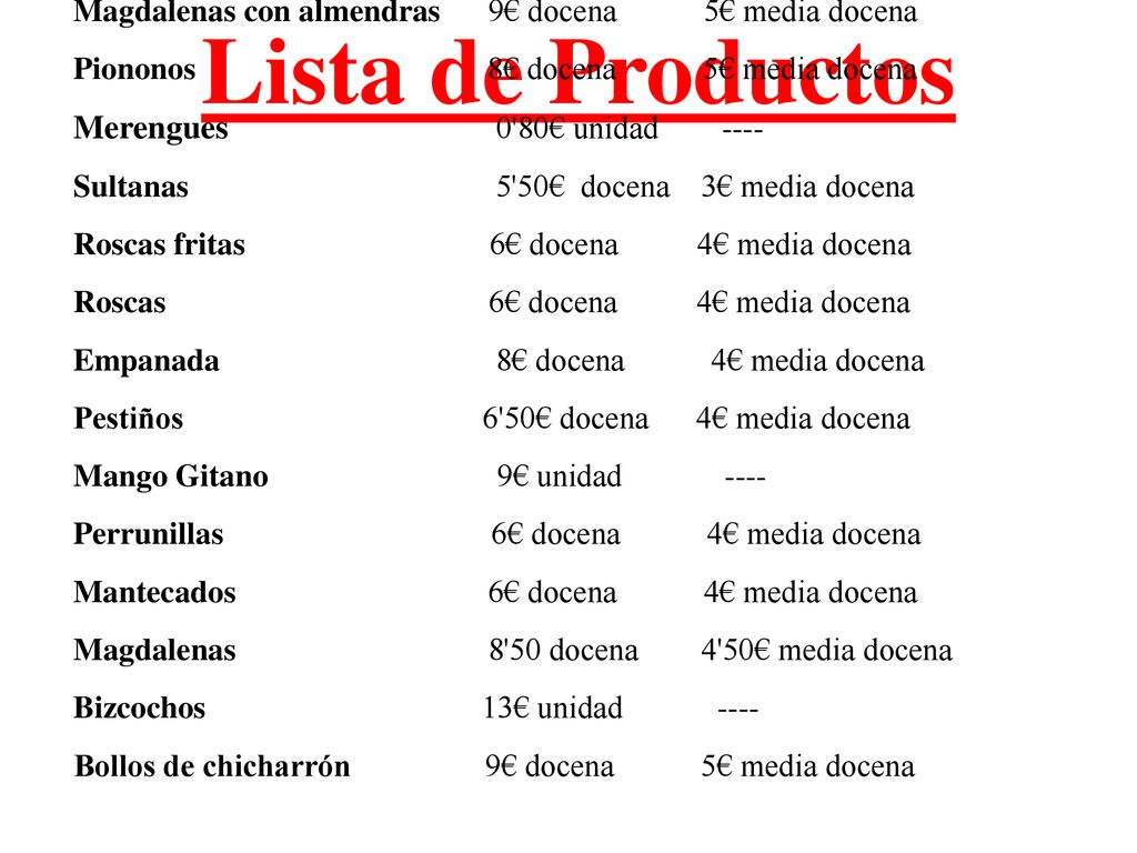 Lista de Productos Merengues 0 80€ unidad ----