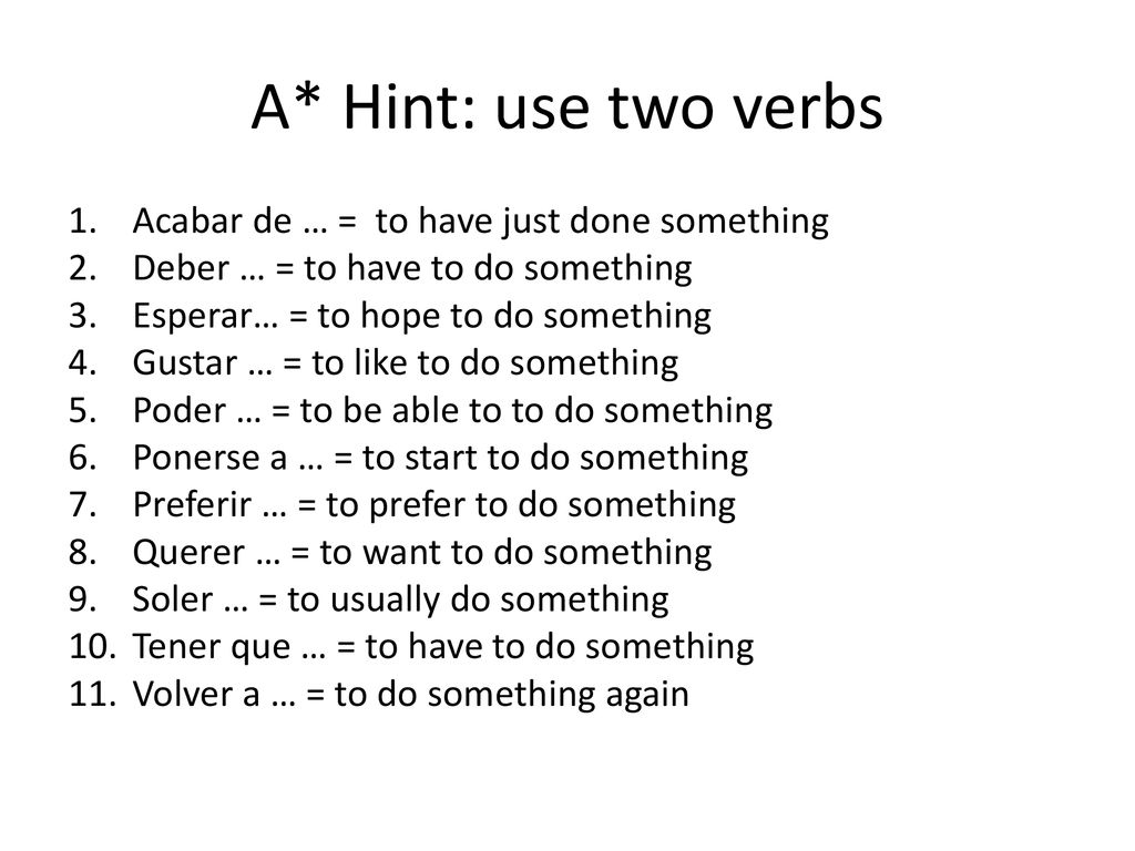 A* Hint: use two verbs Acabar de … = to have just done something