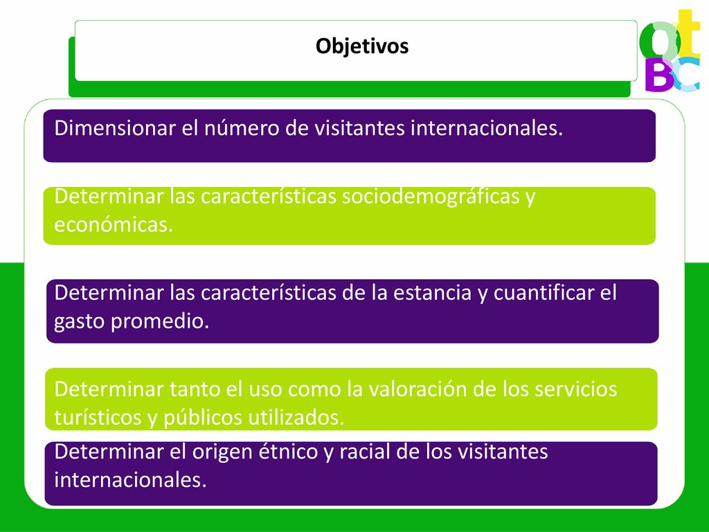 Objetivos Dimensionar el número de visitantes internacionales. Determinar las características sociodemográficas y económicas.