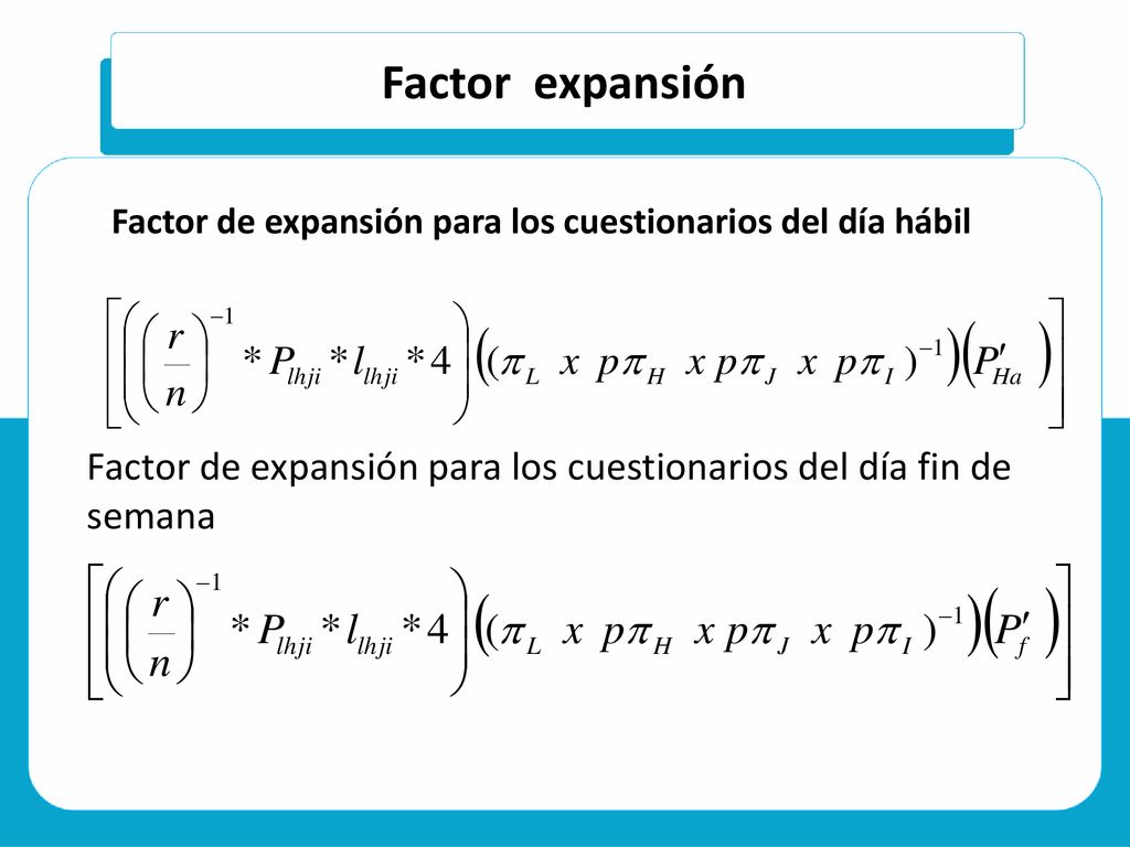 Factor expansión Factor de expansión para los cuestionarios del día hábil.
