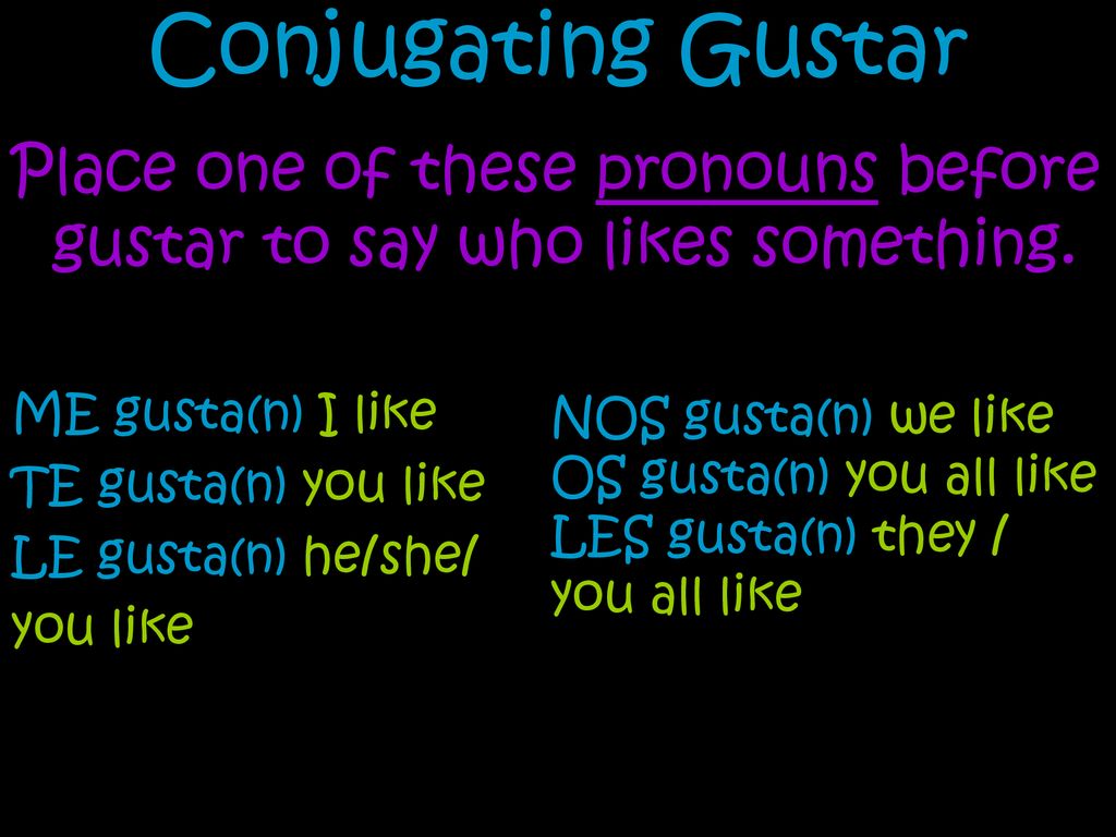 Conjugating Gustar Place one of these pronouns before gustar to say who likes something. ME gusta(n) I like.