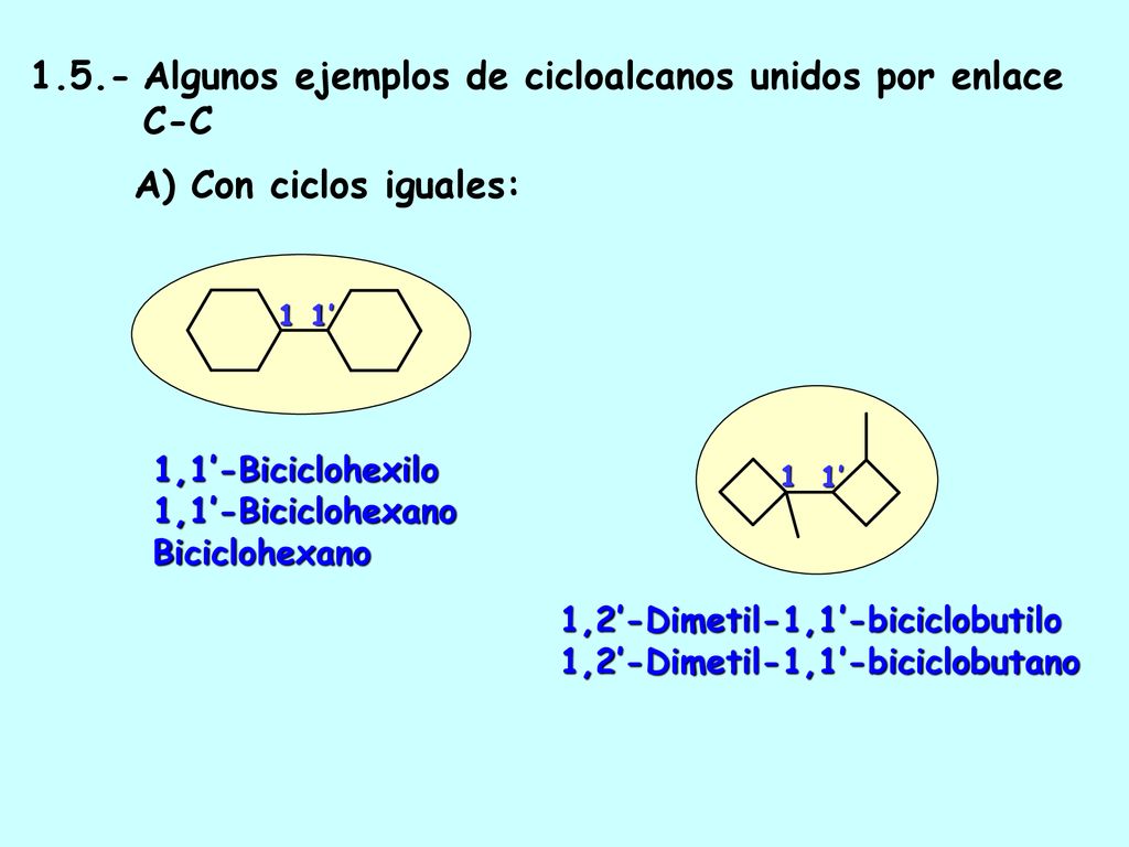 1.5.- Algunos ejemplos de cicloalcanos unidos por enlace C-C