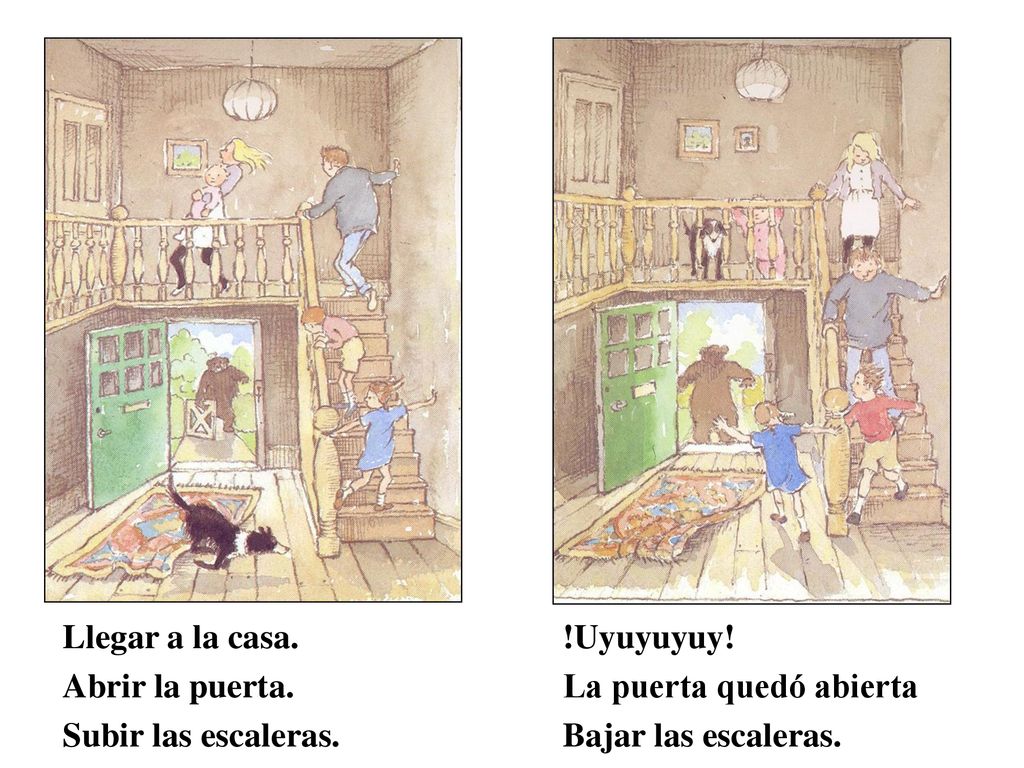Llegar a la casa. Abrir la puerta. Subir las escaleras.