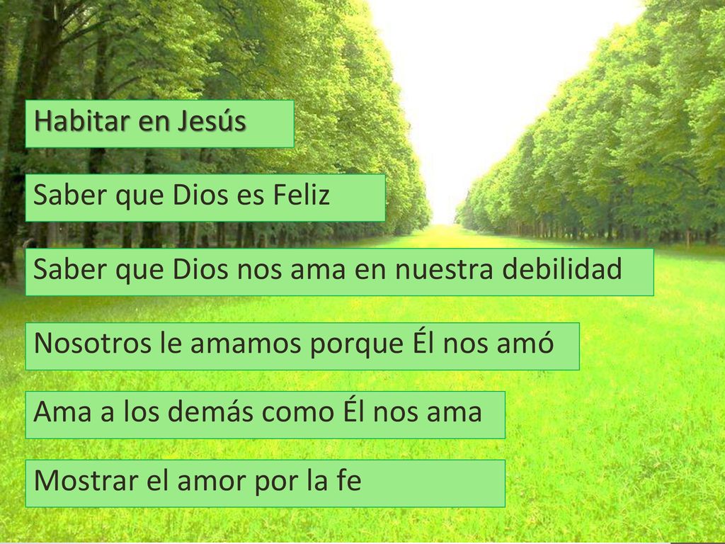 Habitar en Jesús Saber que Dios es Feliz. Saber que Dios nos ama en nuestra debilidad. Nosotros le amamos porque Él nos amó.