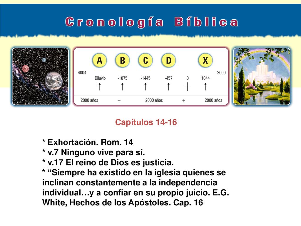 Capítulos * Exhortación. Rom. 14. * v.7 Ninguno vive para sí. * v.17 El reino de Dios es justicia.