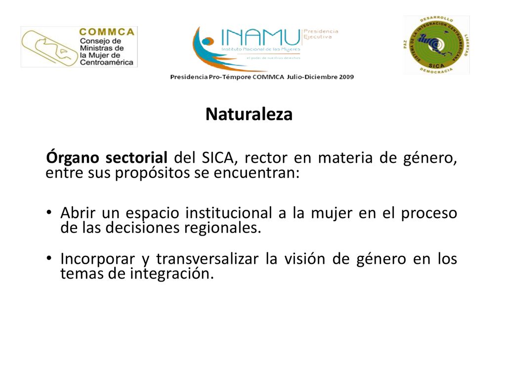 Naturaleza Órgano sectorial del SICA, rector en materia de género, entre sus propósitos se encuentran: