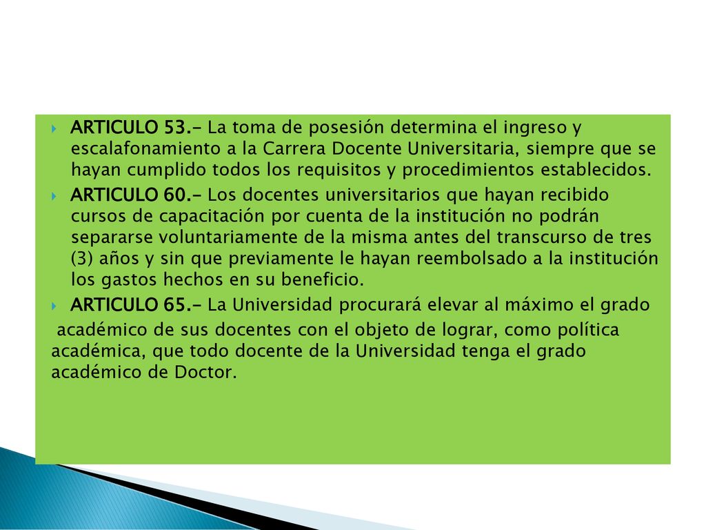 ARTICULO 53.- La toma de posesión determina el ingreso y escalafonamiento a la Carrera Docente Universitaria, siempre que se hayan cumplido todos los requisitos y procedimientos establecidos.