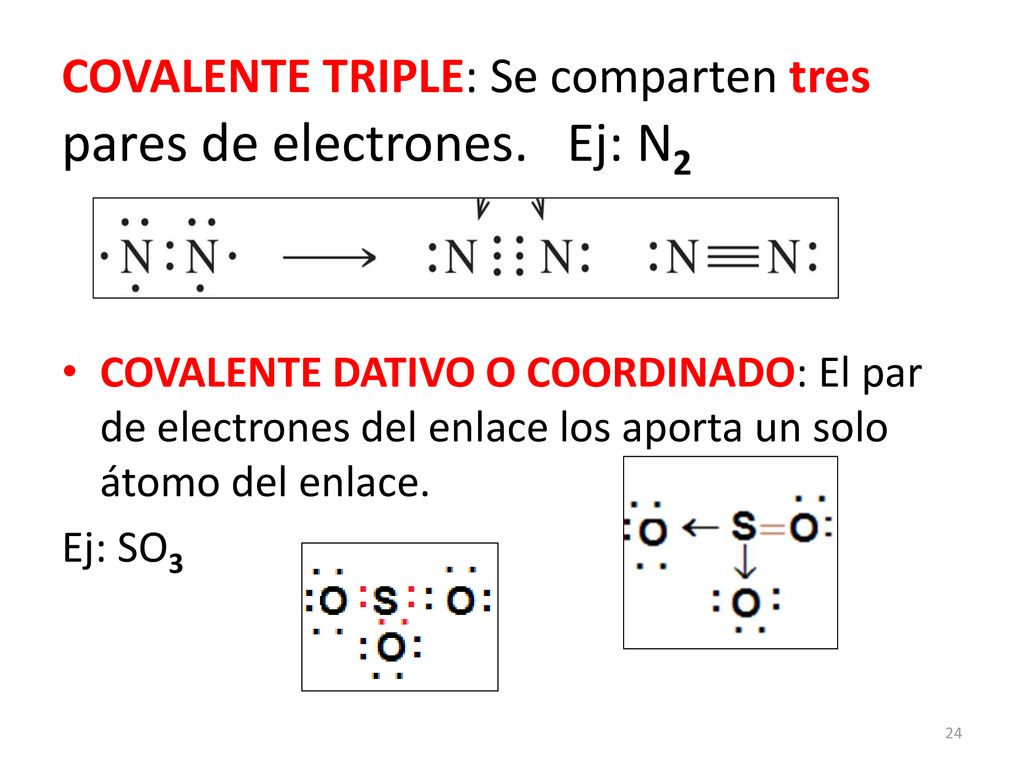COVALENTE TRIPLE: Se comparten tres pares de electrones. Ej: N2