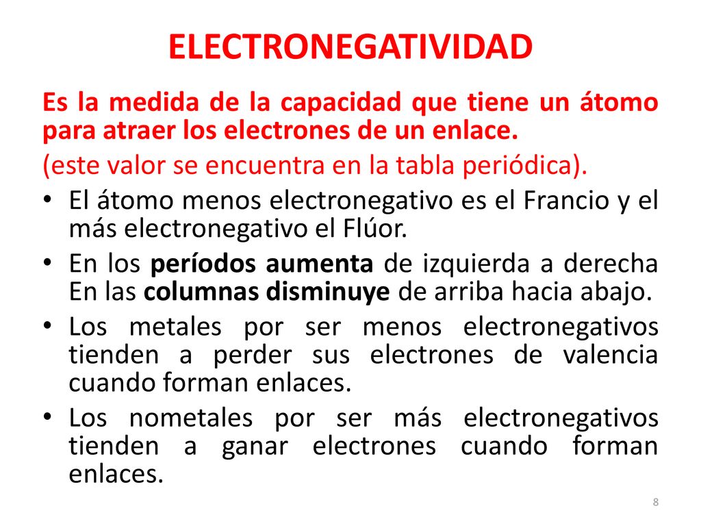 ELECTRONEGATIVIDAD Es la medida de la capacidad que tiene un átomo para atraer los electrones de un enlace.
