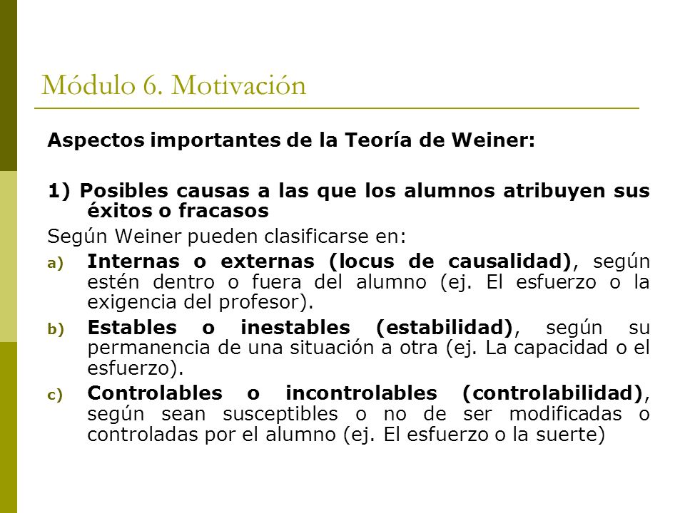 Módulo 6. Motivación Aspectos importantes de la Teoría de Weiner: