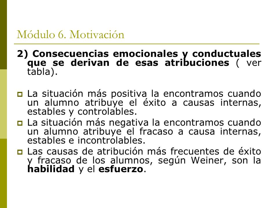 Módulo 6. Motivación 2) Consecuencias emocionales y conductuales que se derivan de esas atribuciones ( ver tabla).