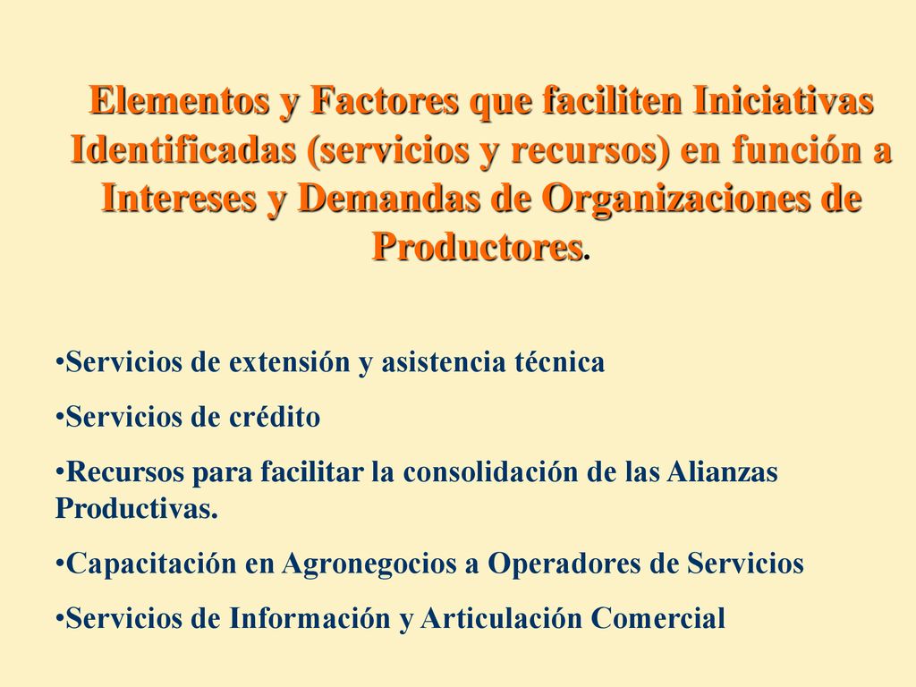 Elementos y Factores que faciliten Iniciativas Identificadas (servicios y recursos) en función a Intereses y Demandas de Organizaciones de Productores.