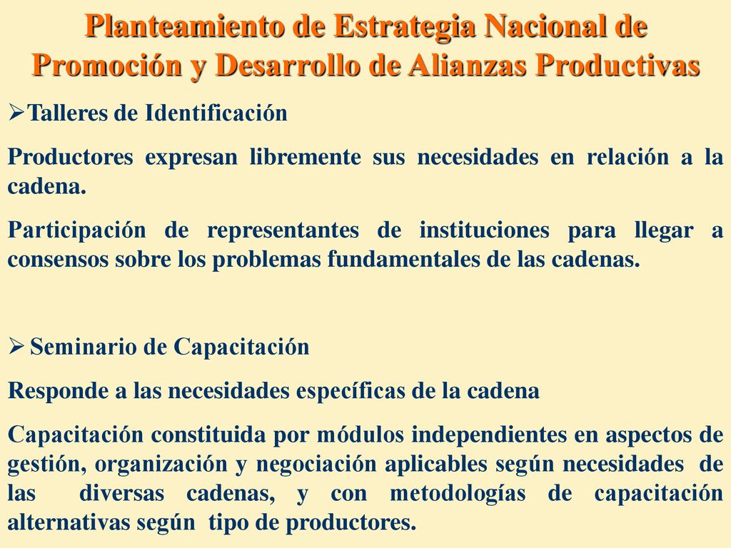 Planteamiento de Estrategia Nacional de Promoción y Desarrollo de Alianzas Productivas