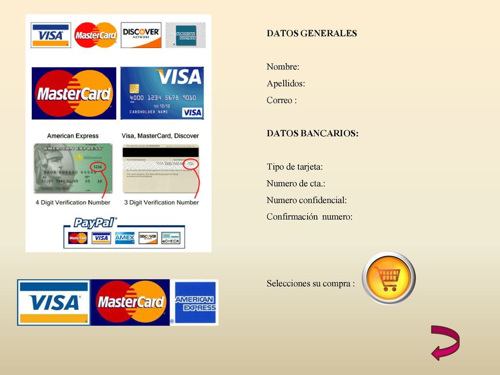 DATOS GENERALES Nombre: Apellidos: Correo : DATOS BANCARIOS: Tipo de tarjeta: Numero de cta.: Numero confidencial: