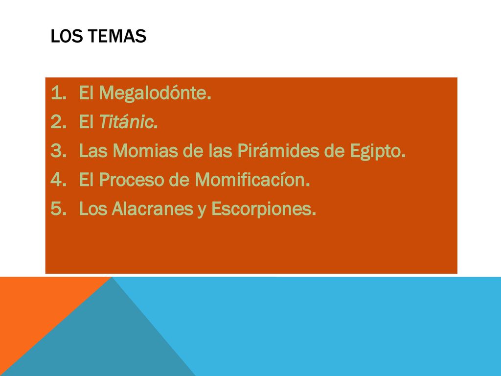 Los temas El Megalodónte. El Titánic. Las Momias de las Pirámides de Egipto. El Proceso de Momificacíon.