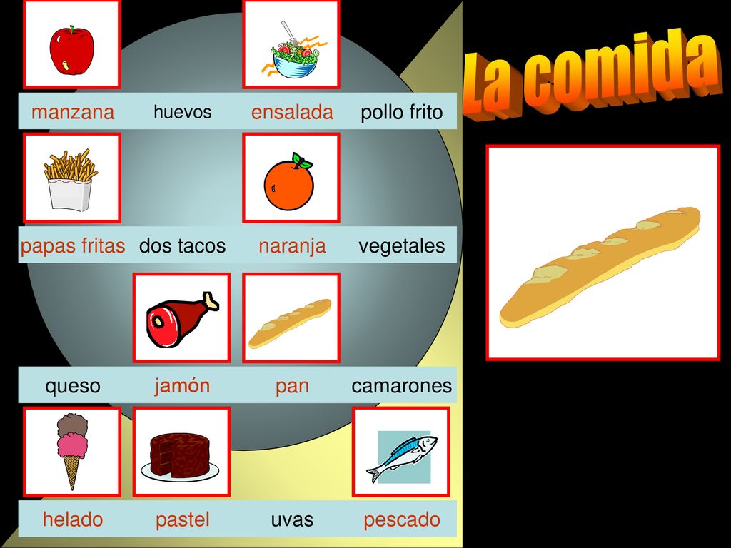 La comida manzana ensalada pollo frito papas fritas dos tacos naranja