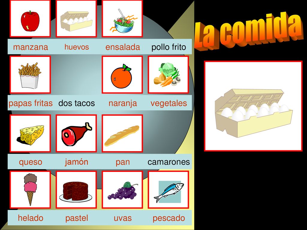 La comida manzana ensalada pollo frito papas fritas dos tacos naranja
