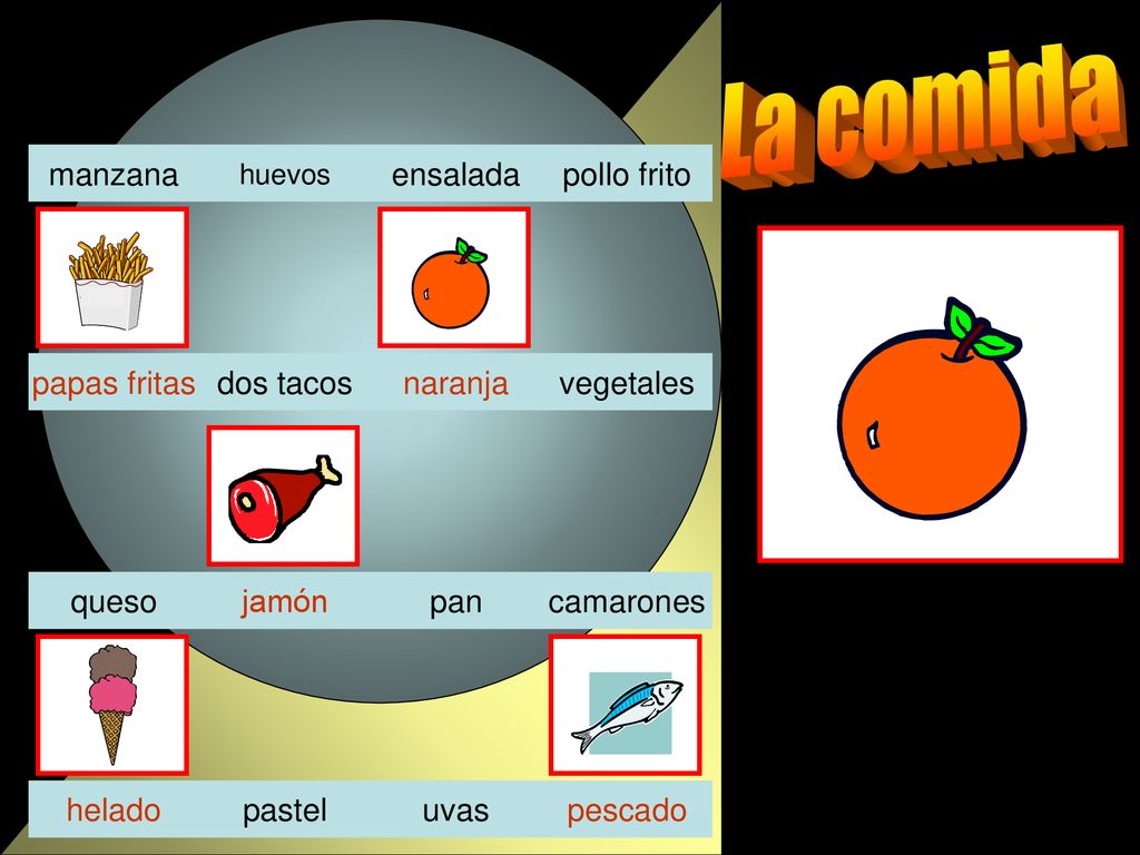 La comida manzana ensalada pollo frito papas fritas dos tacos naranja
