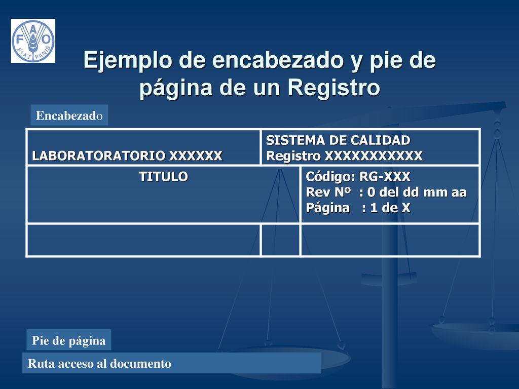 Ejemplo de encabezado y pie de página de un Registro
