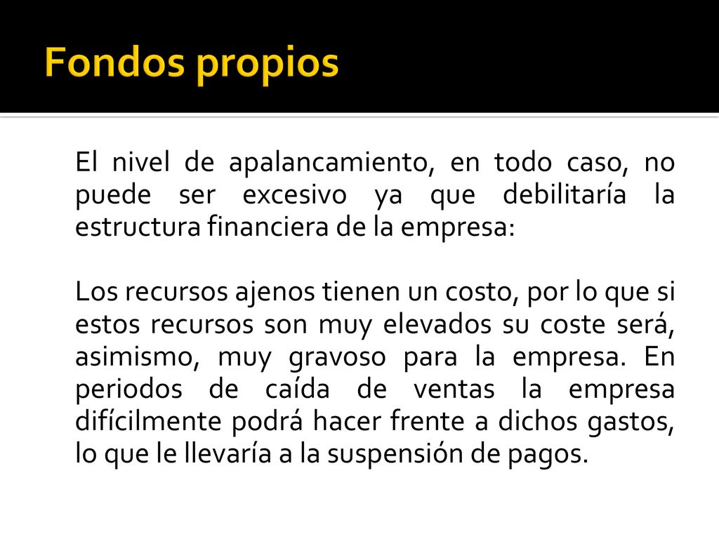 Fondos propios El nivel de apalancamiento, en todo caso, no puede ser excesivo ya que debilitaría la estructura financiera de la empresa: