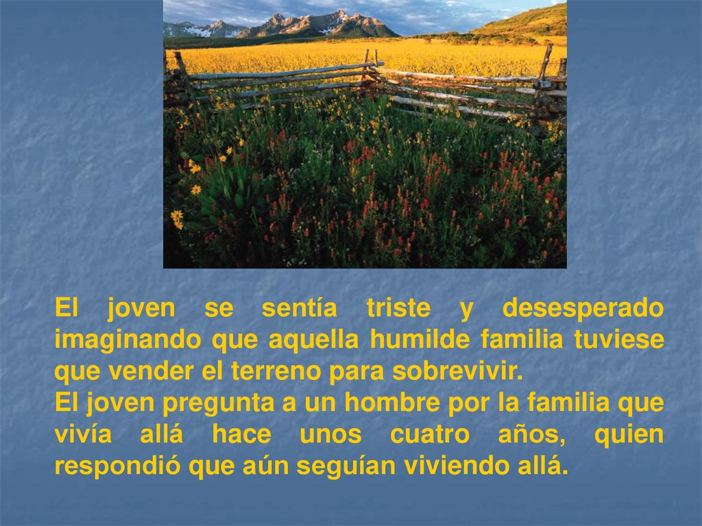 El joven se sentía triste y desesperado imaginando que aquella humilde familia tuviese que vender el terreno para sobrevivir.