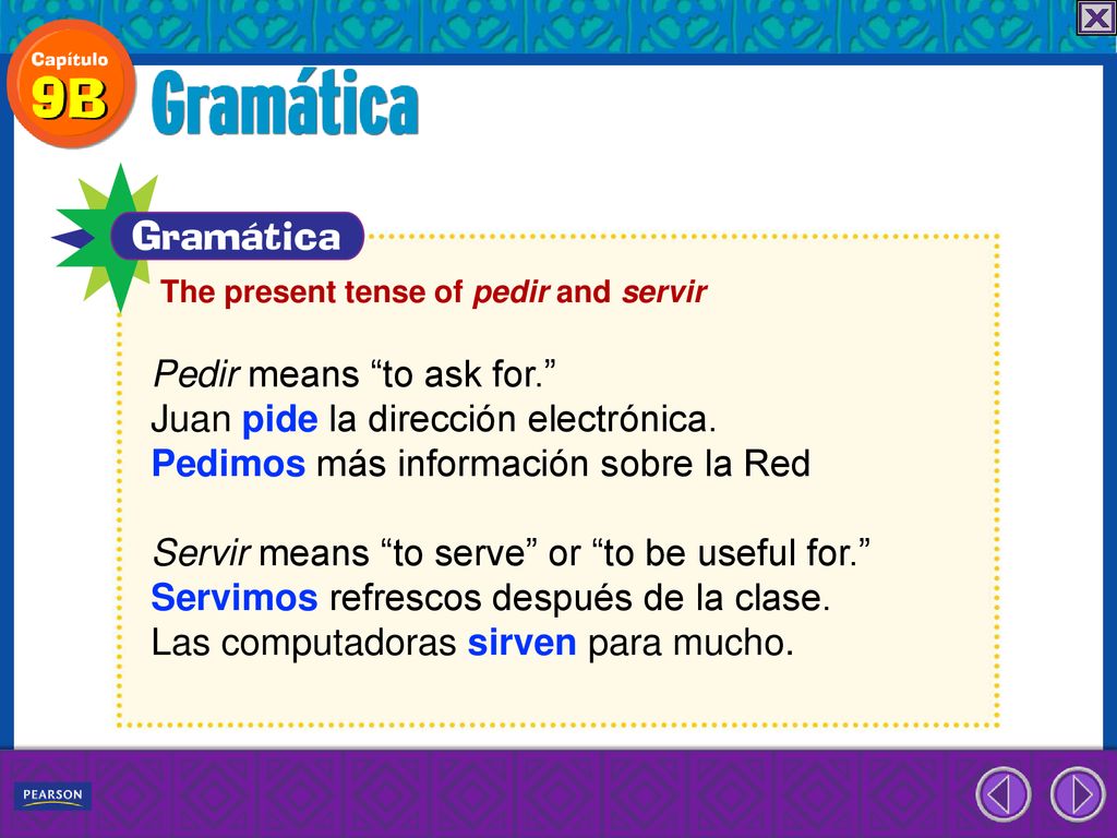 Pedir means to ask for. Juan pide la dirección electrónica.