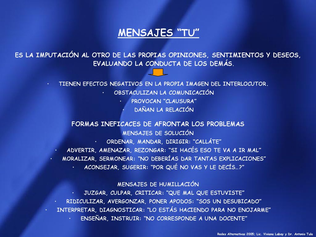 MENSAJES TU ES LA IMPUTACIÓN AL OTRO DE LAS PROPIAS OPINIONES, SENTIMIENTOS Y DESEOS, EVALUANDO LA CONDUCTA DE LOS DEMÁS.