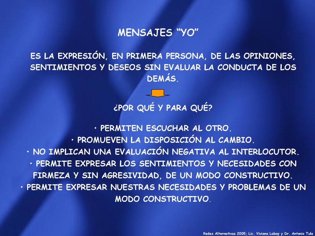 MENSAJES YO ES LA EXPRESIÓN, EN PRIMERA PERSONA, DE LAS OPINIONES, SENTIMIENTOS Y DESEOS SIN EVALUAR LA CONDUCTA DE LOS DEMÁS.