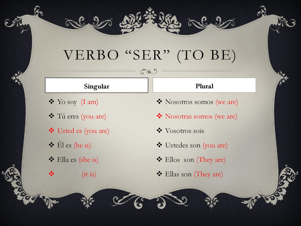 Verbo Ser (to be) Yo soy (I am) Tú eres (you are) Usted es (you are)