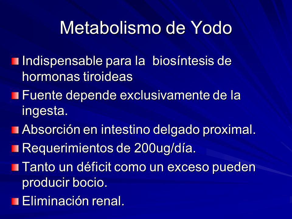 Metabolismo de Yodo Indispensable para la biosíntesis de hormonas tiroideas. Fuente depende exclusivamente de la ingesta.