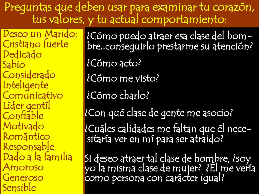 Preguntas que deben usar para examinar tu corazón, tus valores, y tu actual comportamiento: