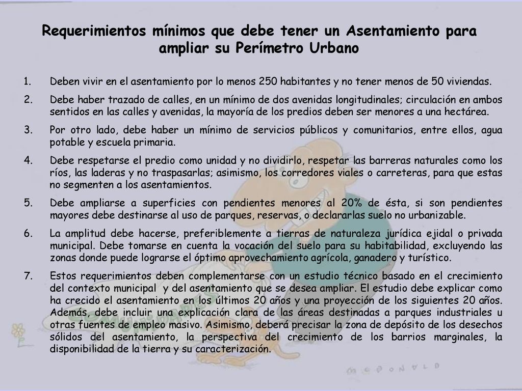 Requerimientos mínimos que debe tener un Asentamiento para ampliar su Perímetro Urbano