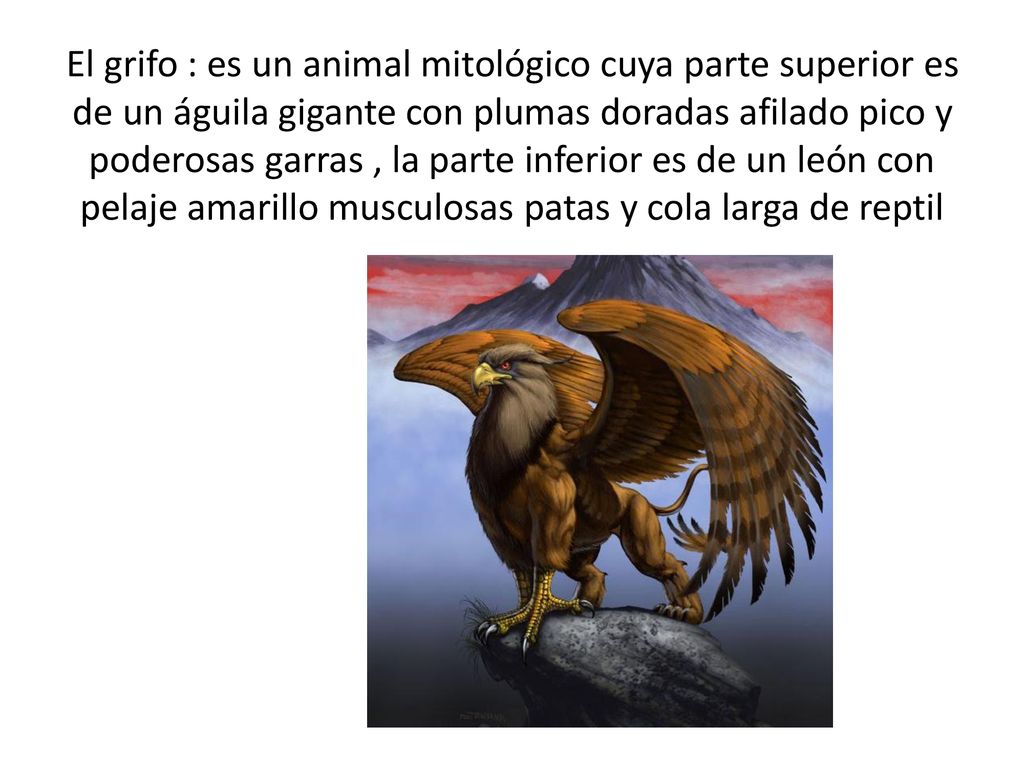 El grifo : es un animal mitológico cuya parte superior es de un águila gigante con plumas doradas afilado pico y poderosas garras , la parte inferior es de un león con pelaje amarillo musculosas patas y cola larga de reptil