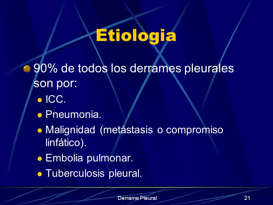 Etiologia 90% de todos los derrames pleurales son por: ICC. Pneumonia.