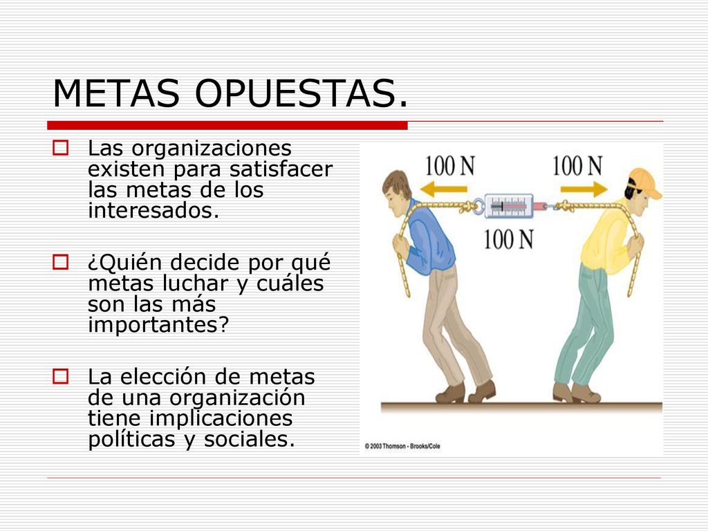 METAS OPUESTAS. Las organizaciones existen para satisfacer las metas de los interesados.