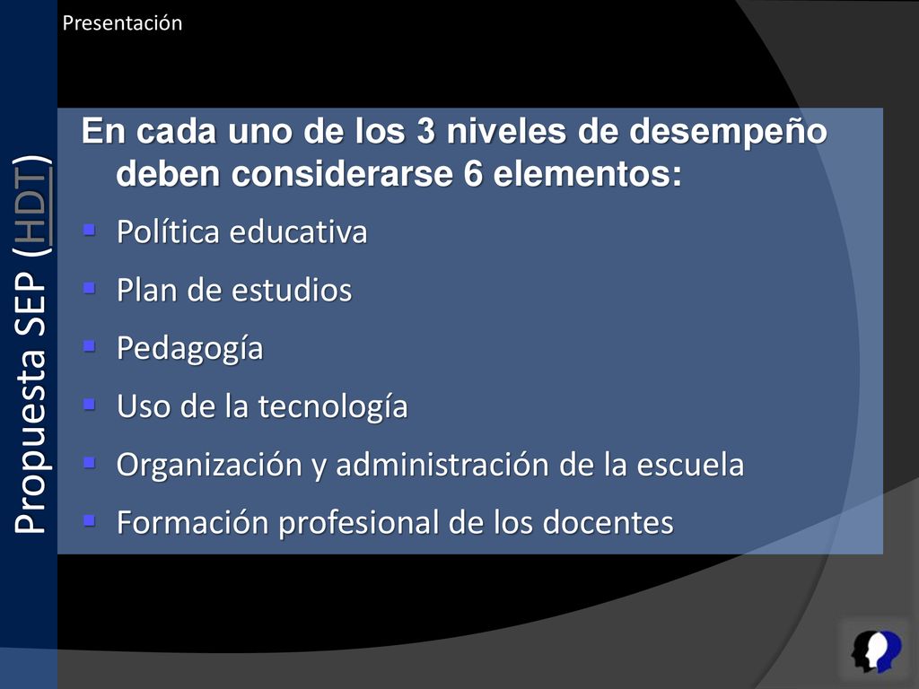 Propuesta SEP (HDT) Presentación. En cada uno de los 3 niveles de desempeño deben considerarse 6 elementos: