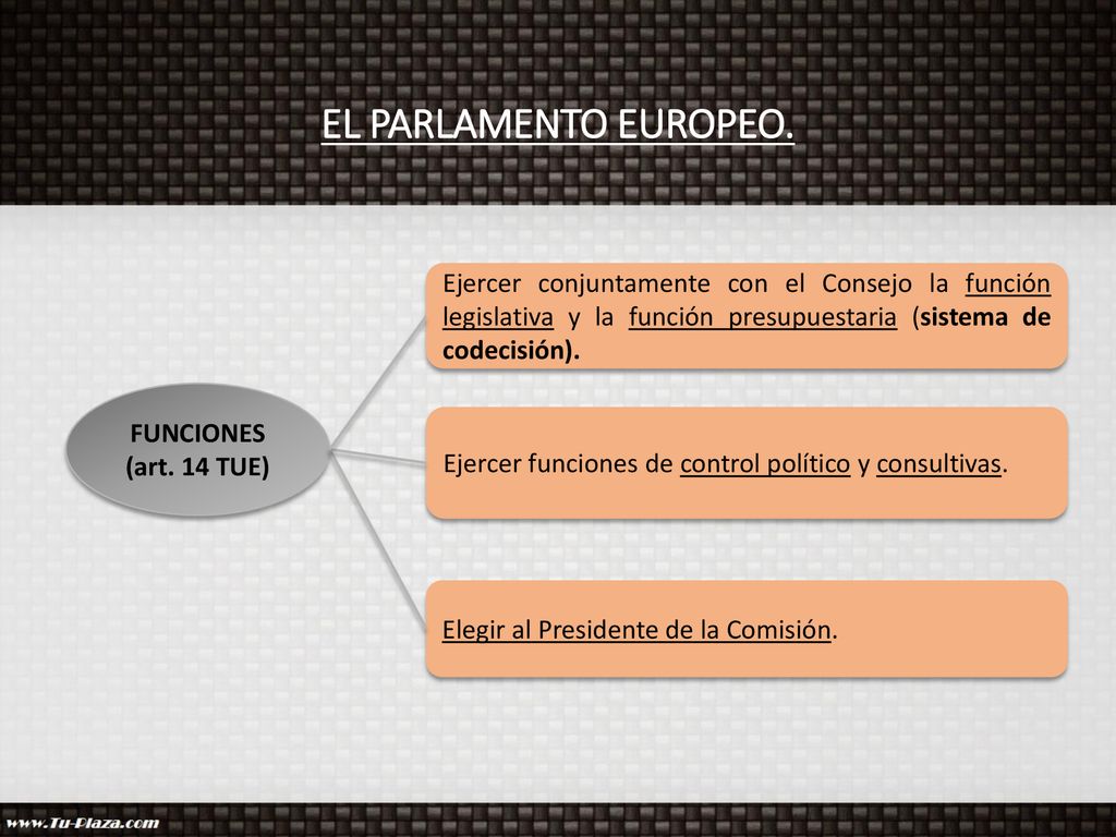 EL PARLAMENTO EUROPEO. Ejercer conjuntamente con el Consejo la función legislativa y la función presupuestaria (sistema de codecisión).