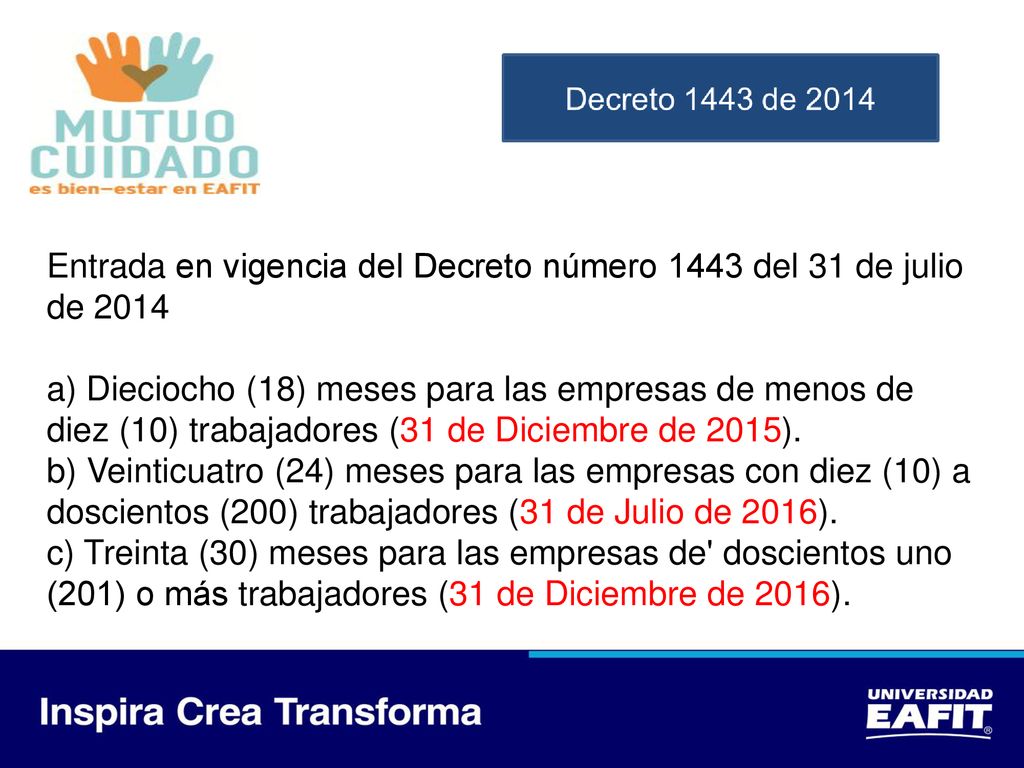 Entrada en vigencia del Decreto número 1443 del 31 de julio de 2014