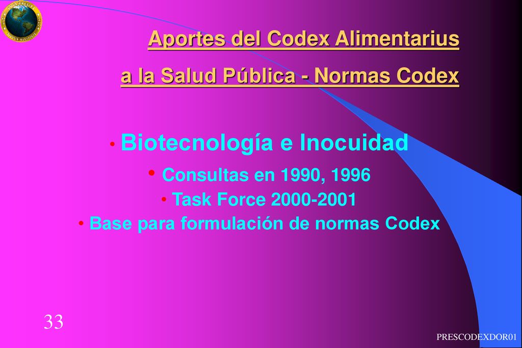 Biotecnología e Inocuidad Base para formulación de normas Codex